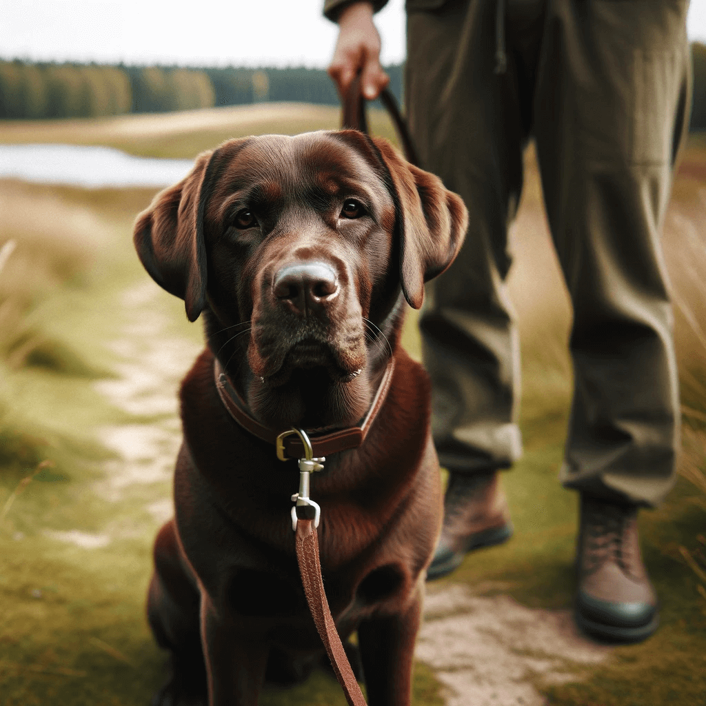 English_Chocolate_Labrador_stands_attentively_on_grassy_terrain_leash_in_hand_by_an_unseen_owner._The_dog_s_gaze_meets_the_camera_with_a_hint_of