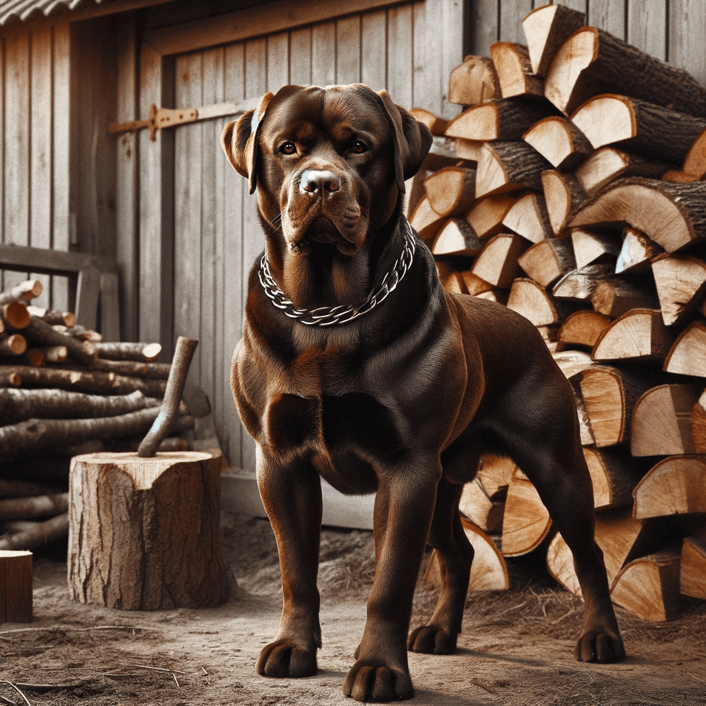 English_Chocolate_Labrador_stands_robustly_next_to_a_stack_of_firewood_sporting_a_chain_collar_which_may_be_indicative_of_training_sessions_or_ty