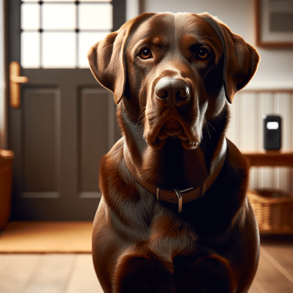English_chocolate_lab_in_a_protective_stance_illustrating_its_vigilance_and_protective_nature_towards_its_family._The_setting_could_be_a_home_envi