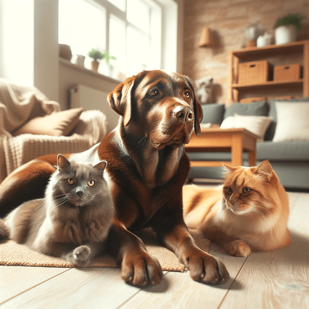 English_chocolate_lab_peacefully_coexisting_with_other_pets_emphasizing_its_adaptability_and_good-natured_temperament._The_scene_is_harmonious_wi