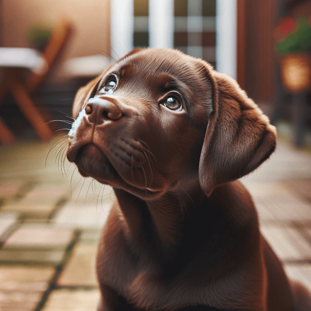 English_chocolate_lab_puppy_with_a_curious_expression_looking_up_at_something_interesting._The_setting_is_indoors_or_in_a_garden_with