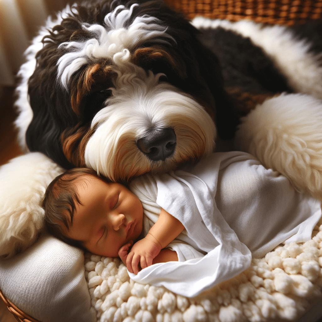 F1B_Bernedoodle_tenderly_cuddling_with_a_sleeping_newborn_baby