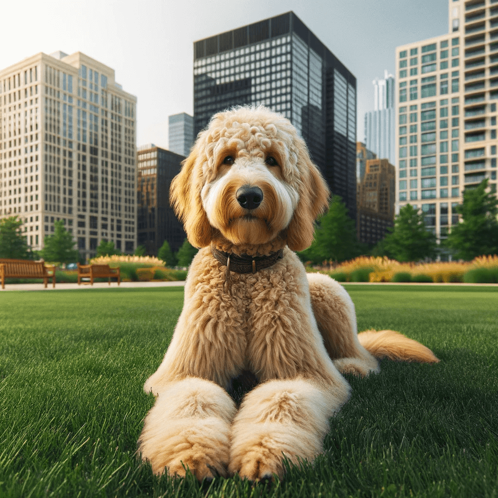 Goldendoodle_lying_on_the_grass_in_an_urban_park_exemplifying_its_adaptability_and_hypoallergenic_qualities