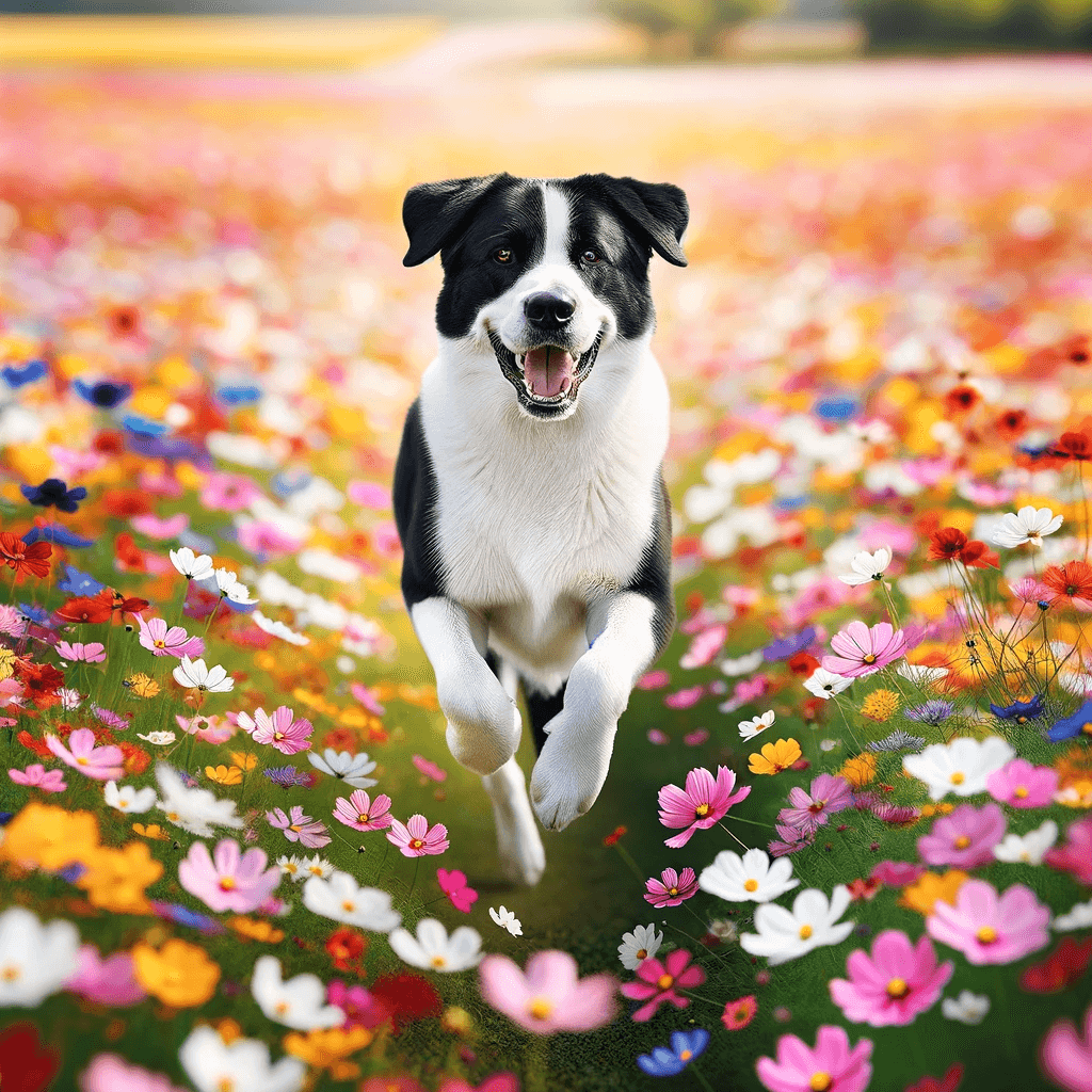 LabSky_dog_running_through_a_field_of_flowers