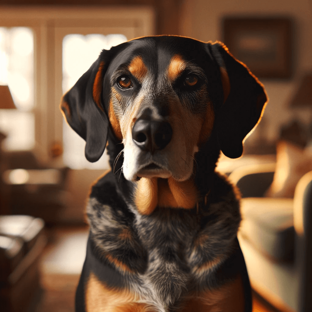 Labahoula_coonhound_lab_mix_with_a_black_and_tan_coat_seated_indoors_with_a_neutral_expression