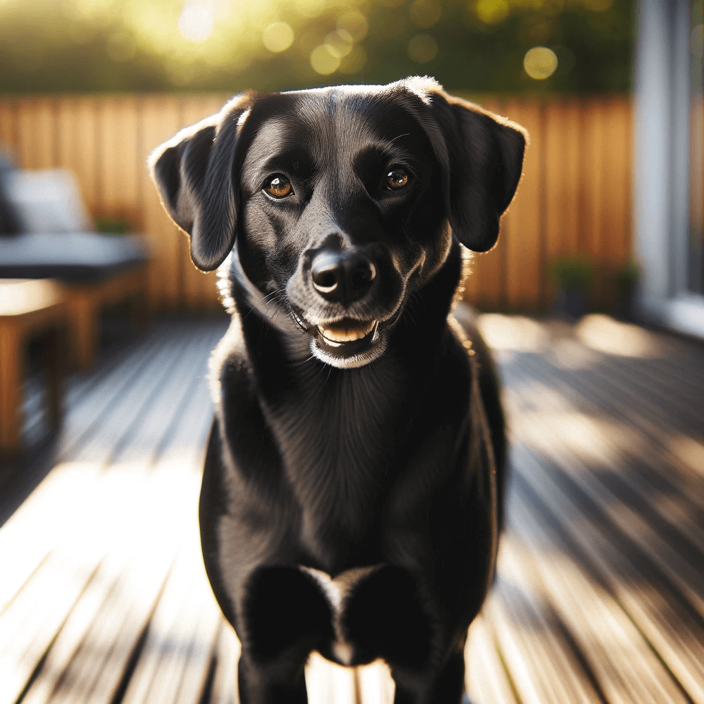 Labahoula_with_a_lustrous_black_coat_standing_confidently_on_a_wooden_deck