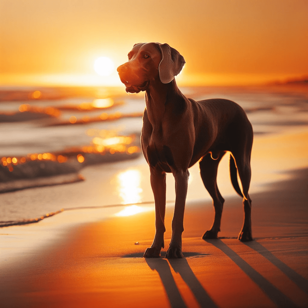 Labmaraner_Enjoying_a_Sunset_Beach_Walk_A_serene_image_of_a_Labmaraner_walking_along_the_beach_at_sunset_its_silhouette_against_the_orange_sky_creat