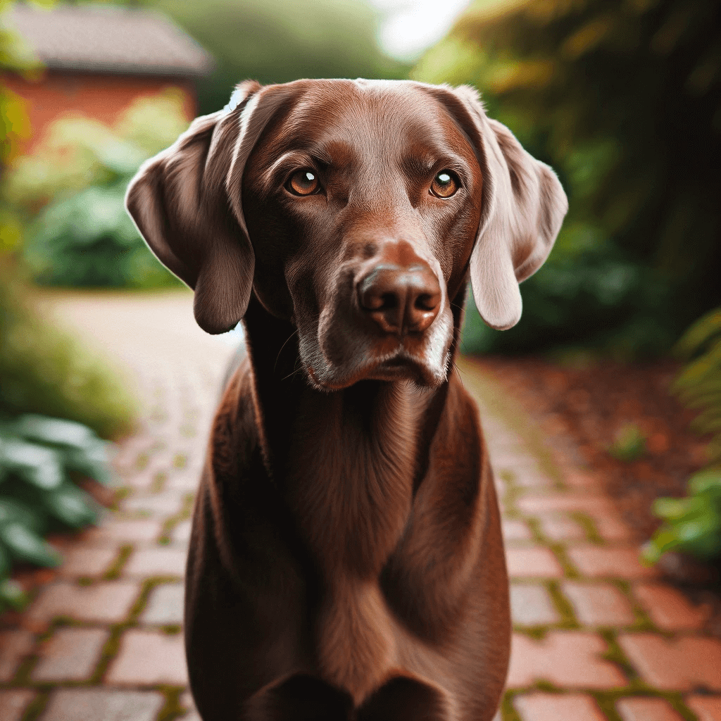 Labmaraner_with_a_deep_brown_coat_standing_on_a_brick_path_surrounded_by_greenery_with_an_attentive_gaze
