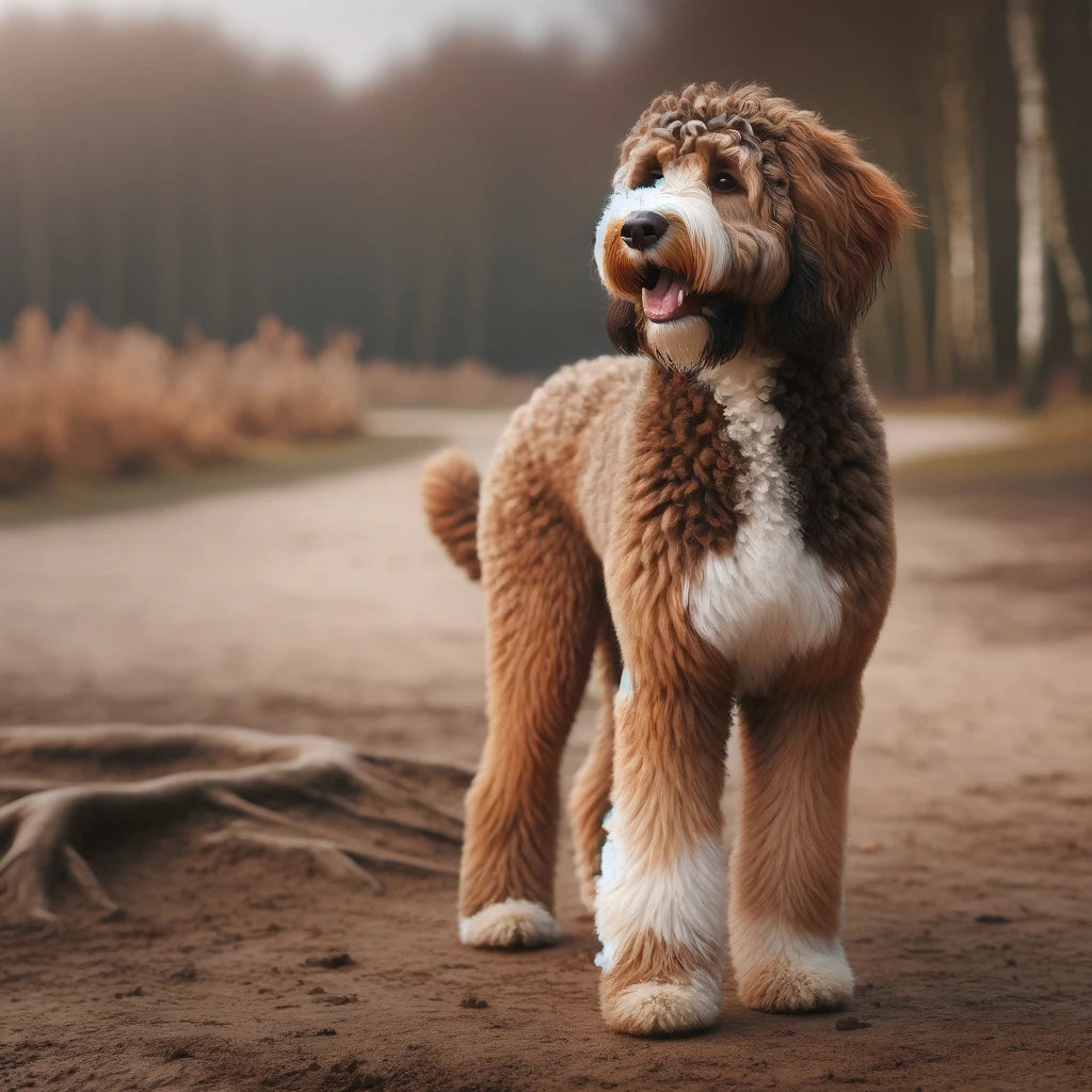 Labradoodle_with_a_two-toned_coat_brown_and_white_standing_on_dirt_ground_looking_to_the_side_with_its_mouth_open