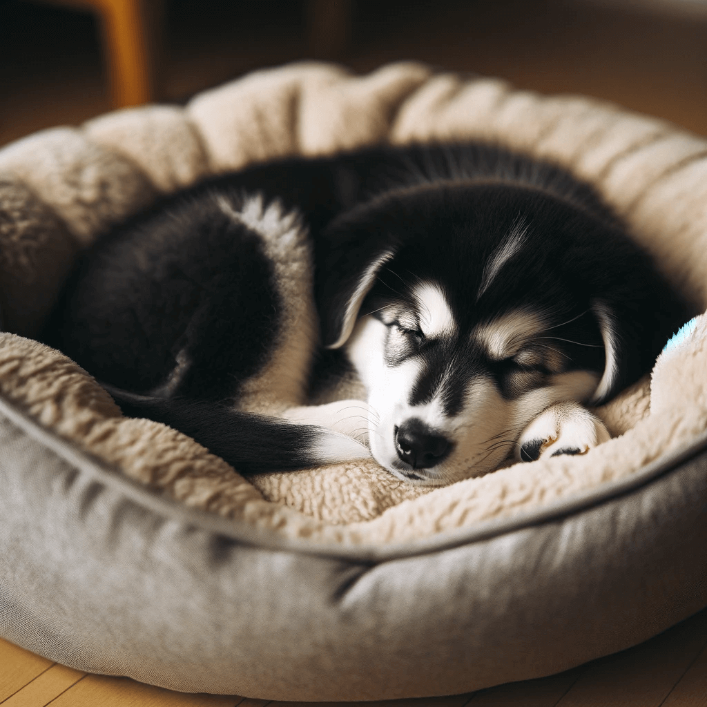 Labrador_Husky_mix_puppy_in_a_cozy_bed