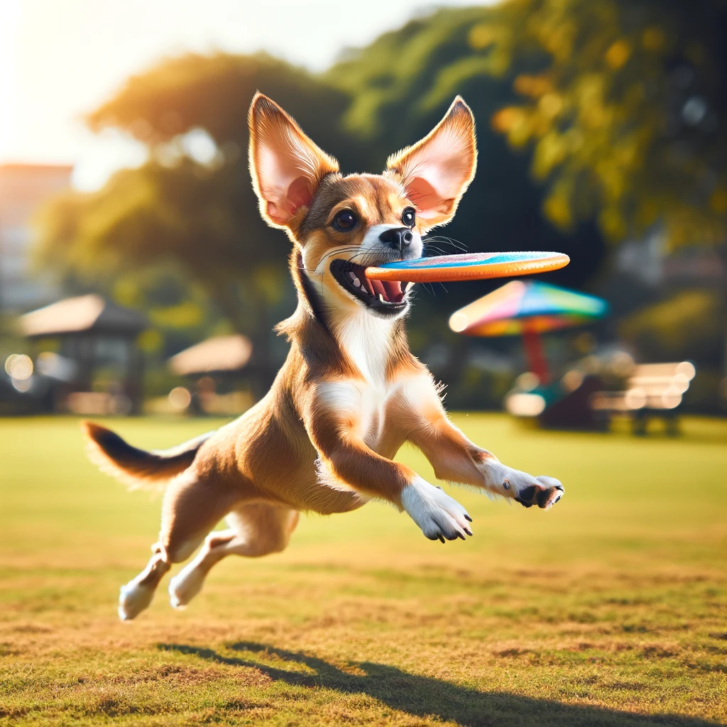 Labrahuahua enjoying a sunny day at the park chasing a frisbee