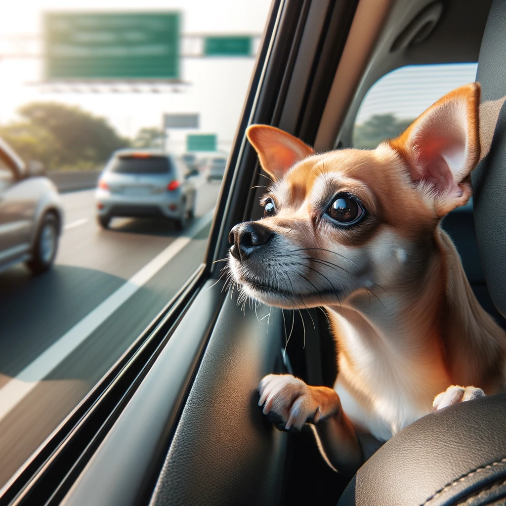 Labrahuahua looking out the window of a car with its nose pressed against the glass