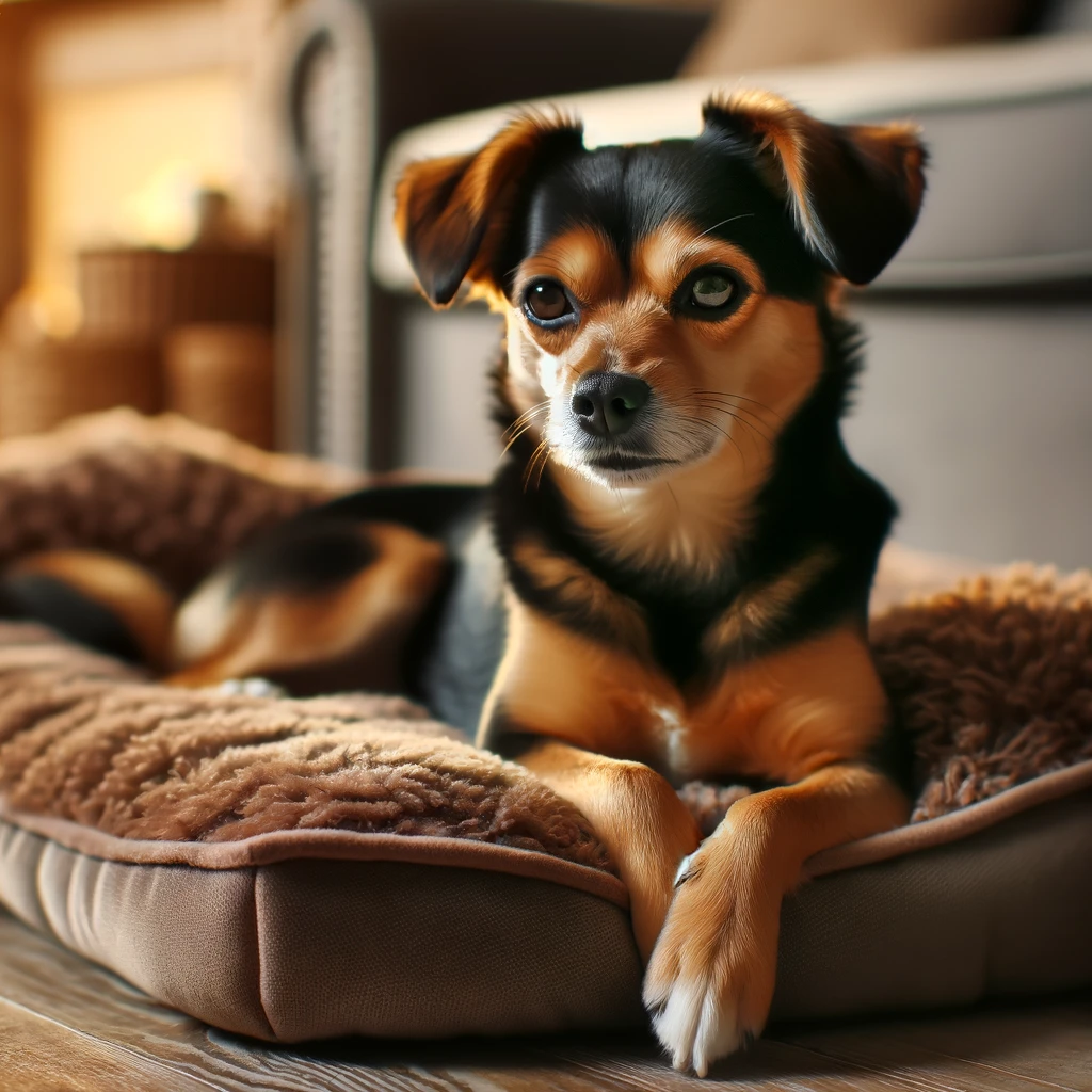 Labrahuahua lounging on a comfortable dog bed, looking content