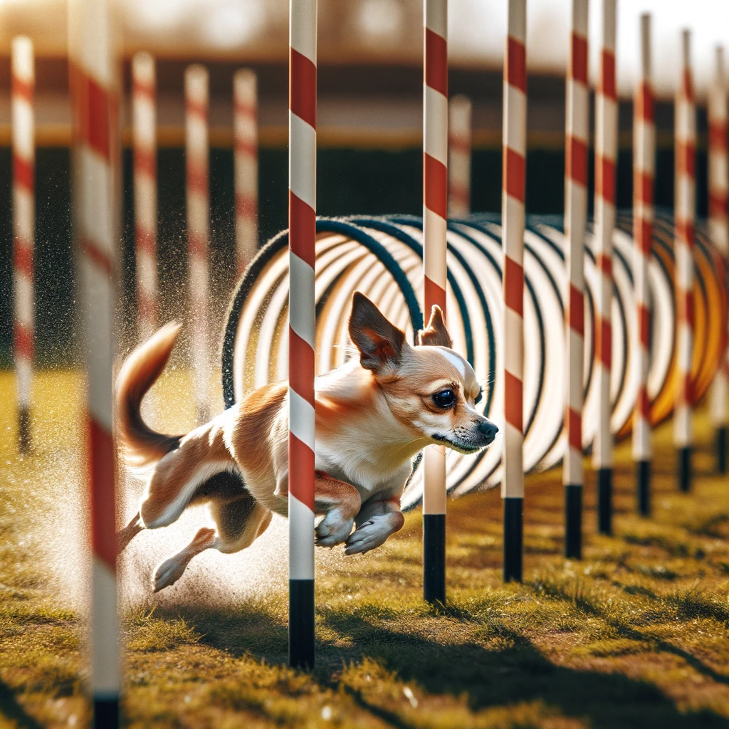 Labrahuahua participating in a dog agility course, weaving through poles