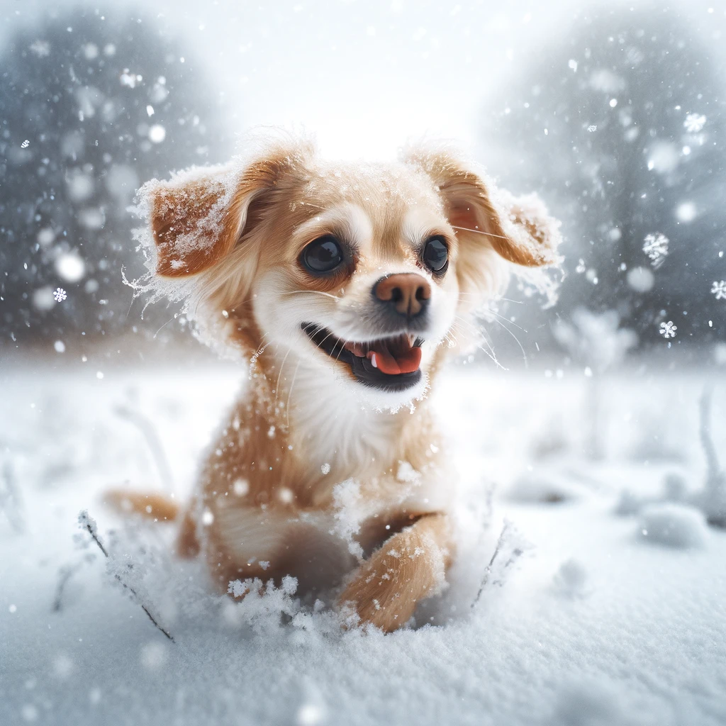 Labrahuahua playing in the snow with snowflakes gently falling around it
