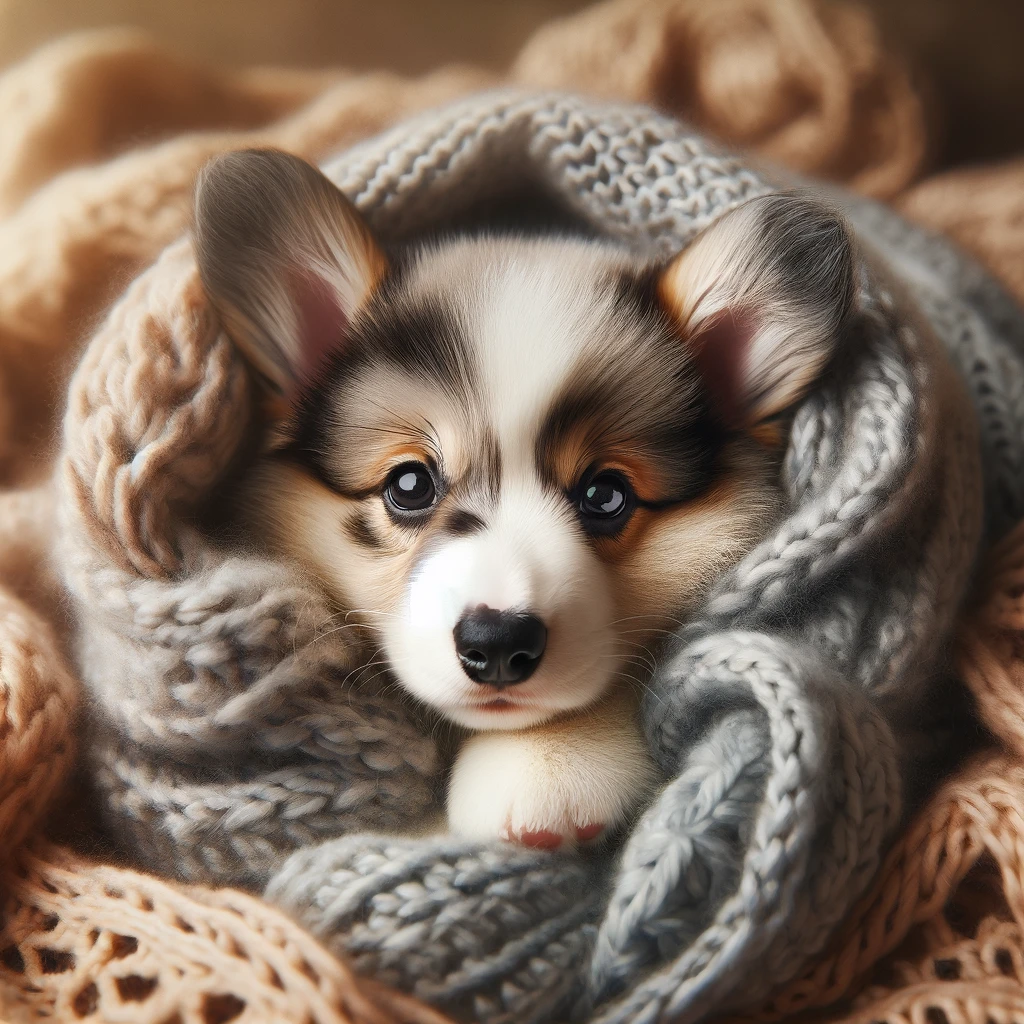 Merle_Corgi_puppy_snuggled_up_in_a_cozy_blanket_looking_like_a_furry_bundle_of_joy