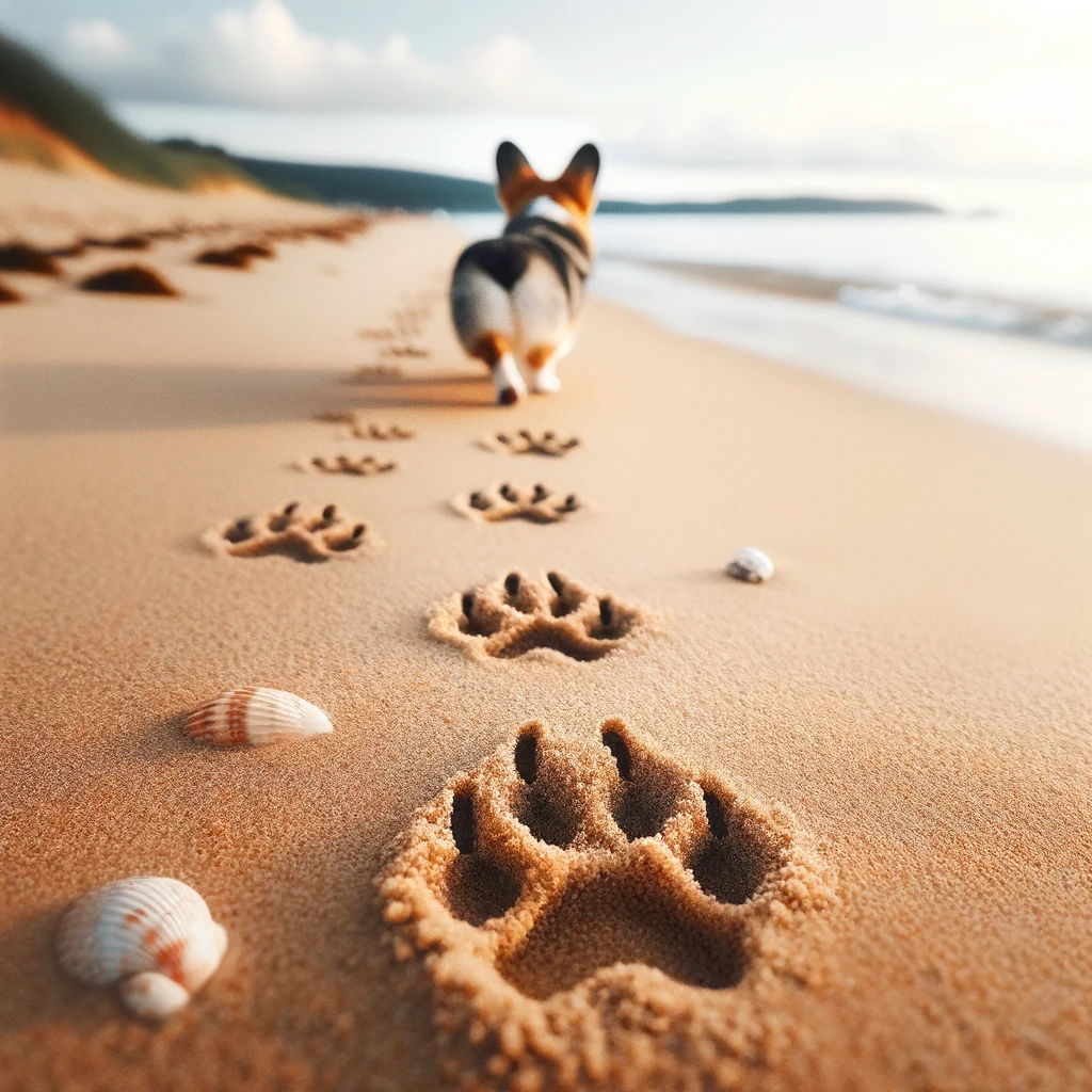 Merle_Corgi_s_paw_prints_on_a_sandy_beach_showcasing_its_playful_journey_along_the_shore