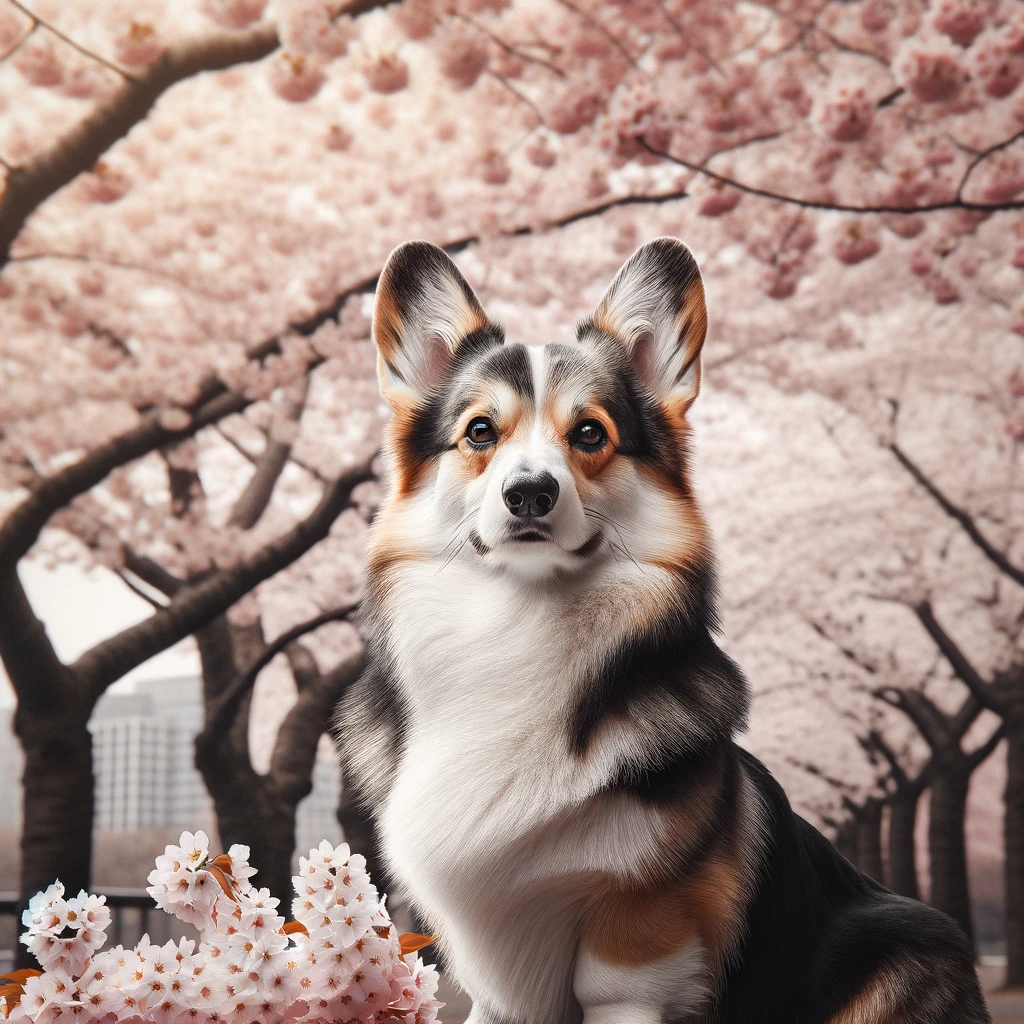 Merle_Corgi_striking_a_regal_pose_against_a_backdrop_of_blooming_cherry_blossom_trees