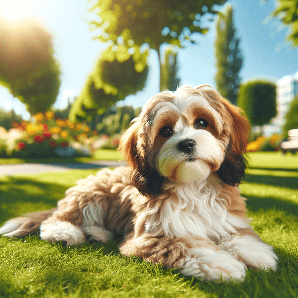 Mini_Cavapoo_dog_relaxing_in_a_sunny_park