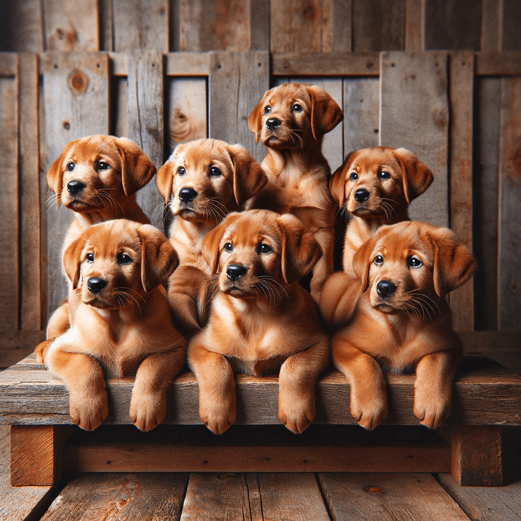 Multiple_red_fox_lab_puppies_seated_together_on_a_wooden_bench_with_a_rustic_backdrop_gazing_in_different_directions