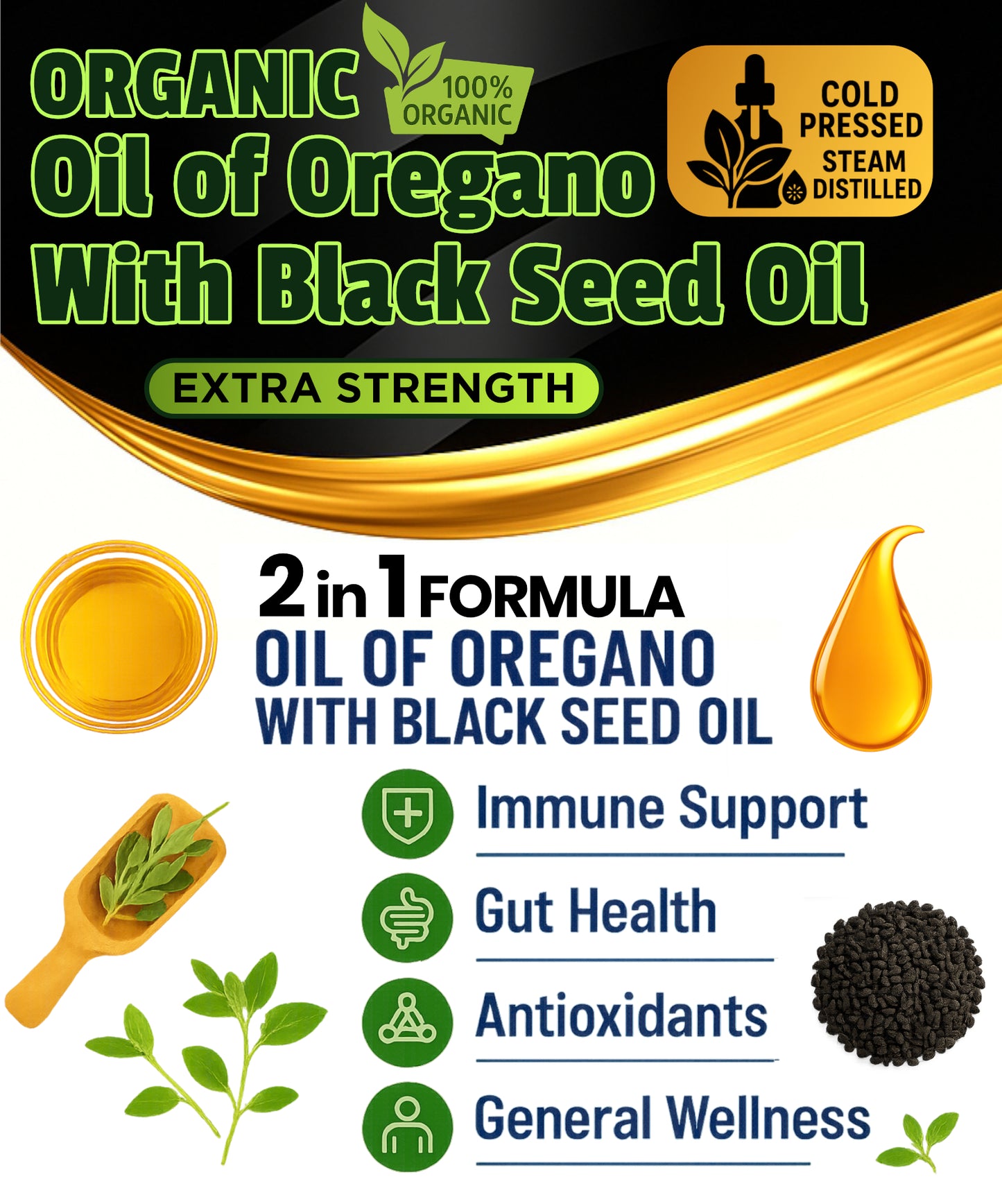 Organic Oil of Oregano with Black Seed Oil, highlighting health benefits and certifications.