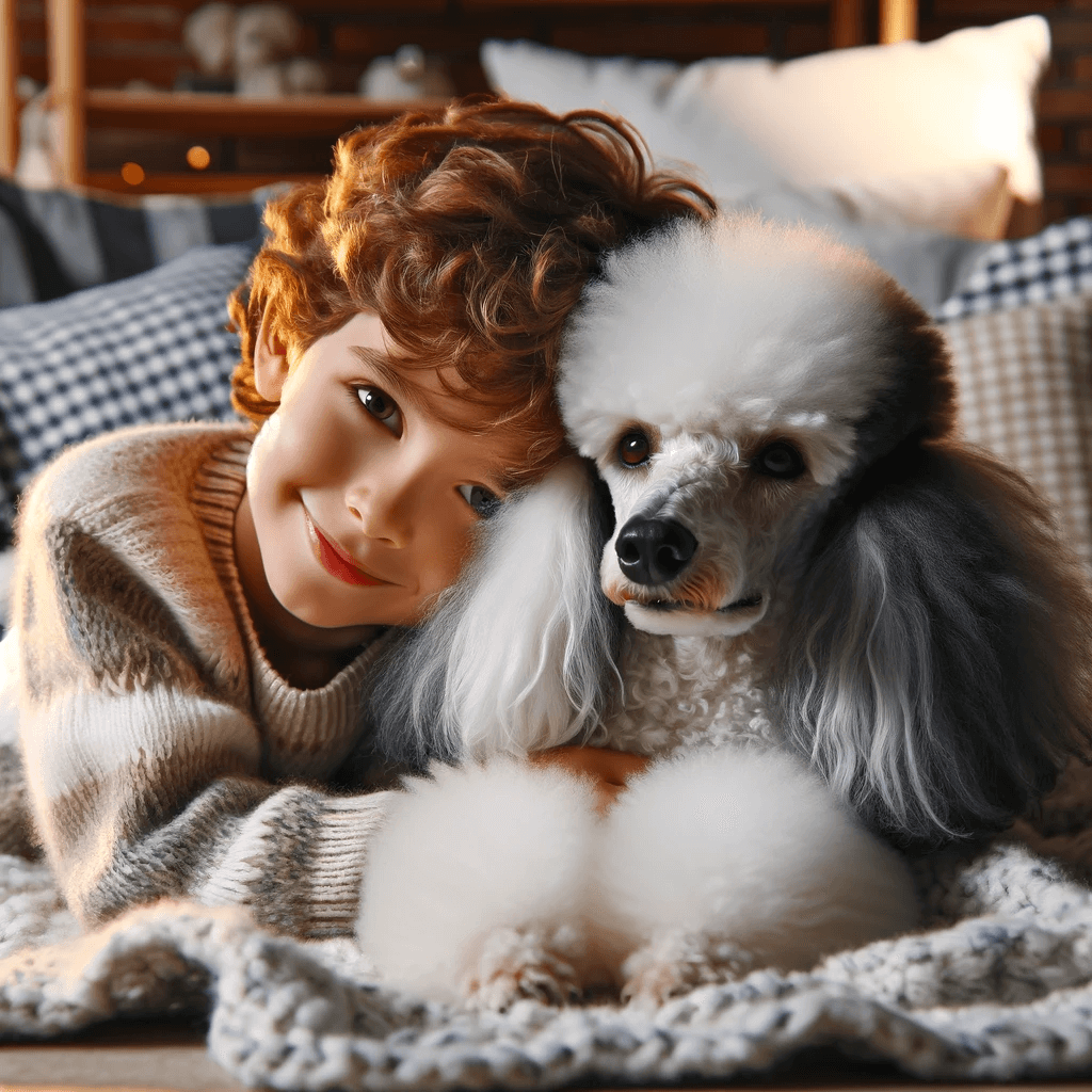 Parti_Poodle_cuddling_with_a_child_showcasing_the_breed_s_gentle_and_affectionate_nature