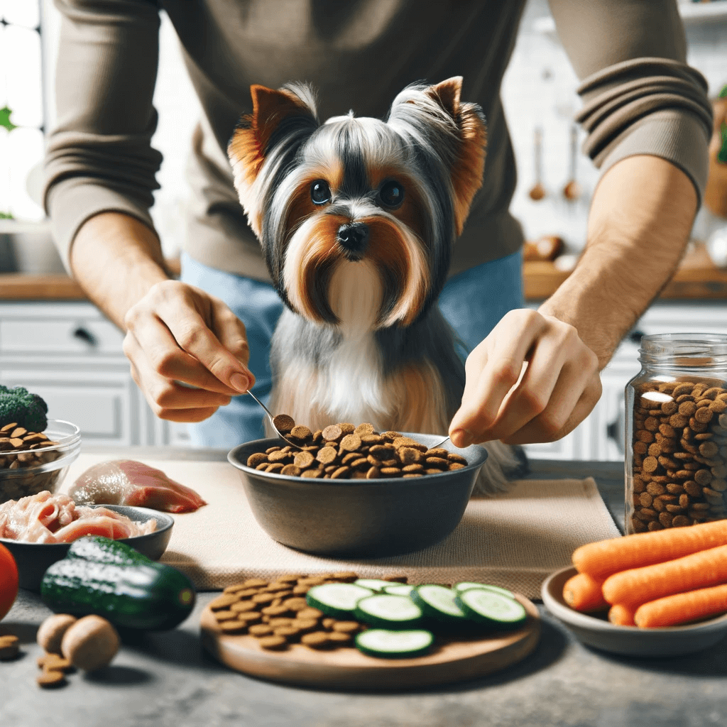 Parti_Yorkie_focusing_on_the_balanced_diet_required_to_keep_its_coat_shiny_and_its_body_healthy.