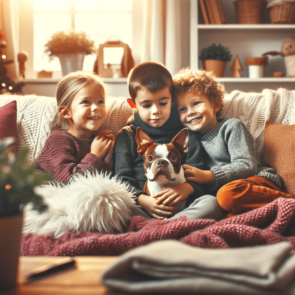 Red_Boston_Terrier_cuddling_with_children_on_a_cozy_sofa_emphasizing_the_breed_s_gentle_and_affectionate_demeanor_towards_family