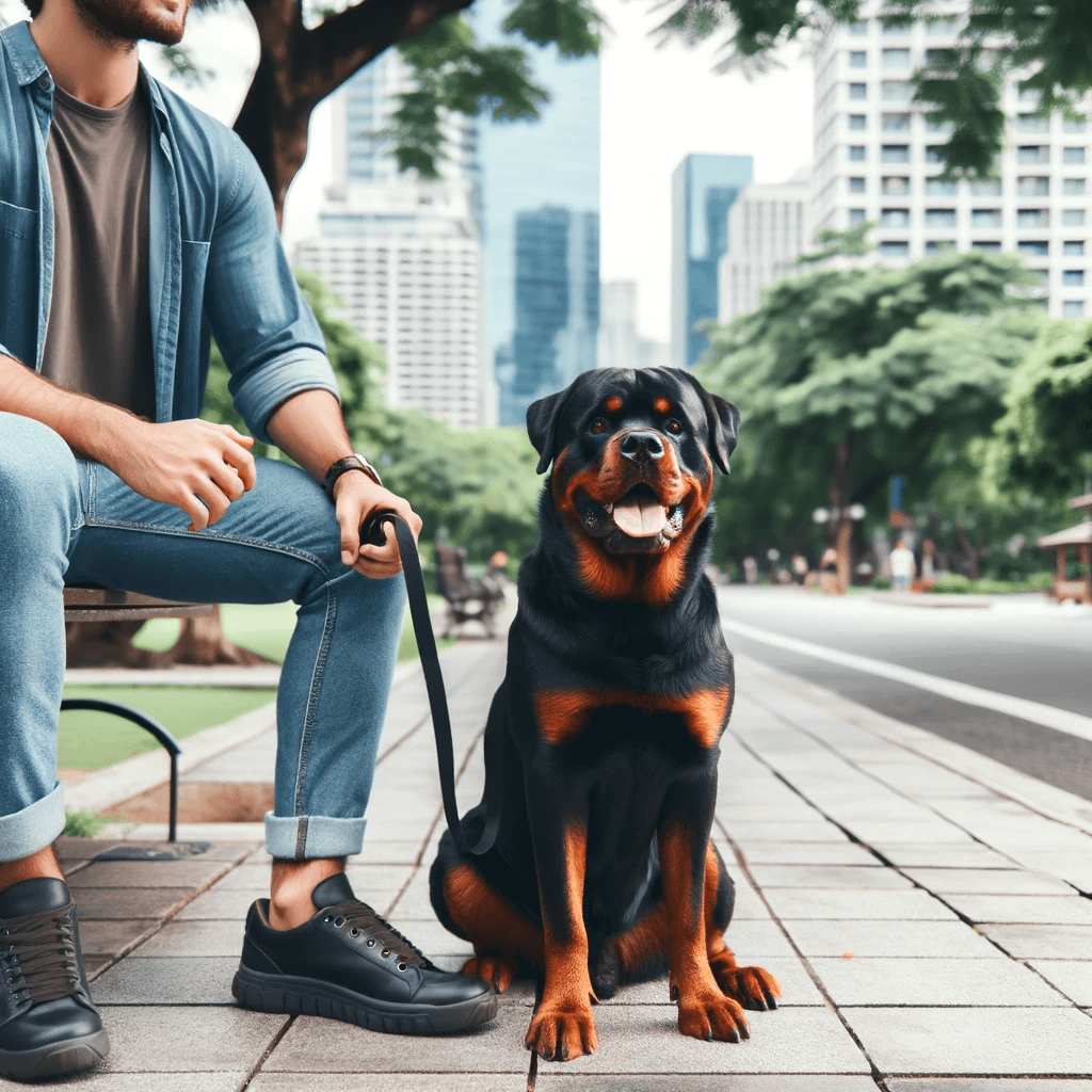 Red_Rottweiler_sitting_obediently_beside_its_owner_in_an_urban_park_displaying_its_well