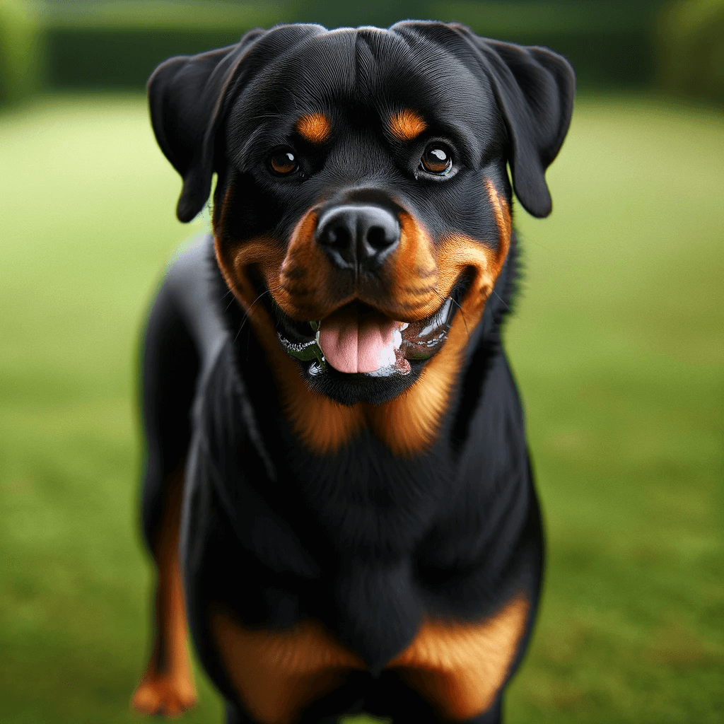 Rottweiler_standing_on_grass_looking_directly_at_the_camera_with_a_calm_and_attentive_expression._The_dog_s_mouth_is_open_showcasing_its_black_and