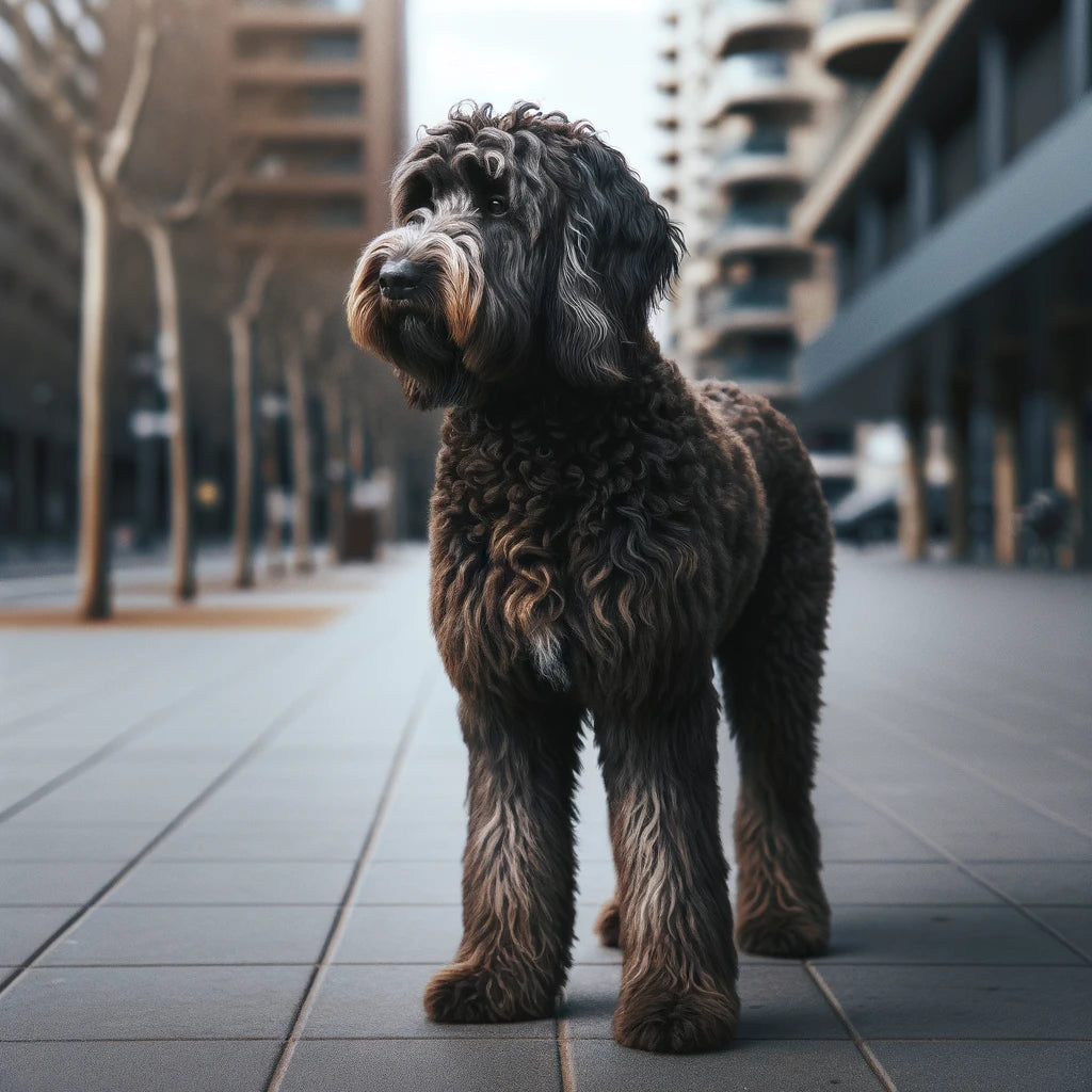 Standing_on_a_paved_surface_this_Labradoodle_has_a_shaggy_dark_grey_coat_displaying_a_side_profile_as_it_looks_off_to_the_distance