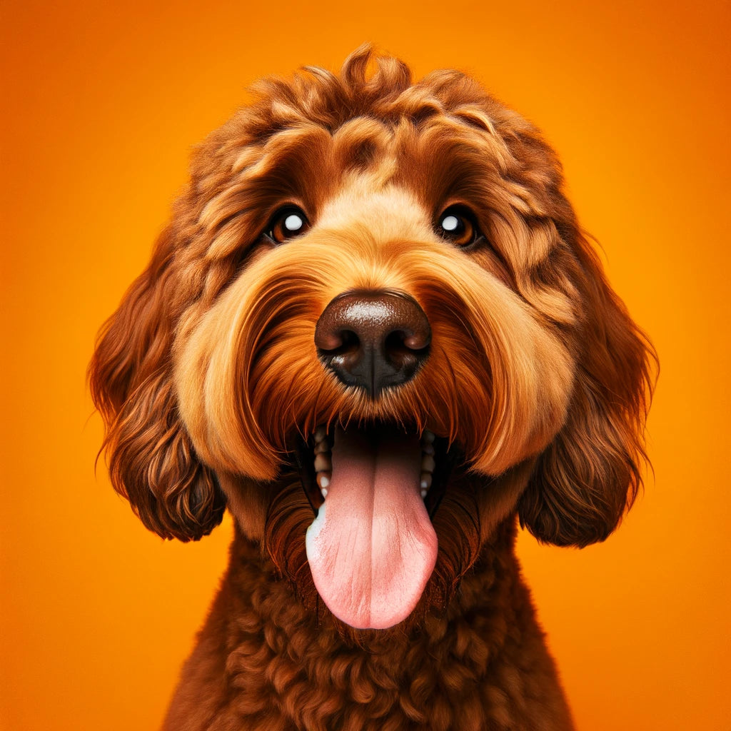 The_headshot_of_a_brown_Labradoodle_against_an_orange_background_with_a_happy_expression_and_its_tongue_out