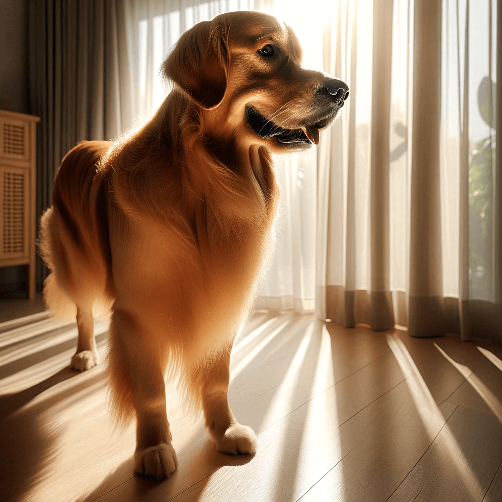 This_Dark_Golden_Retriever_stands_in_a_sunlit_room_with_light_shining_through_a_sheer_curtain
