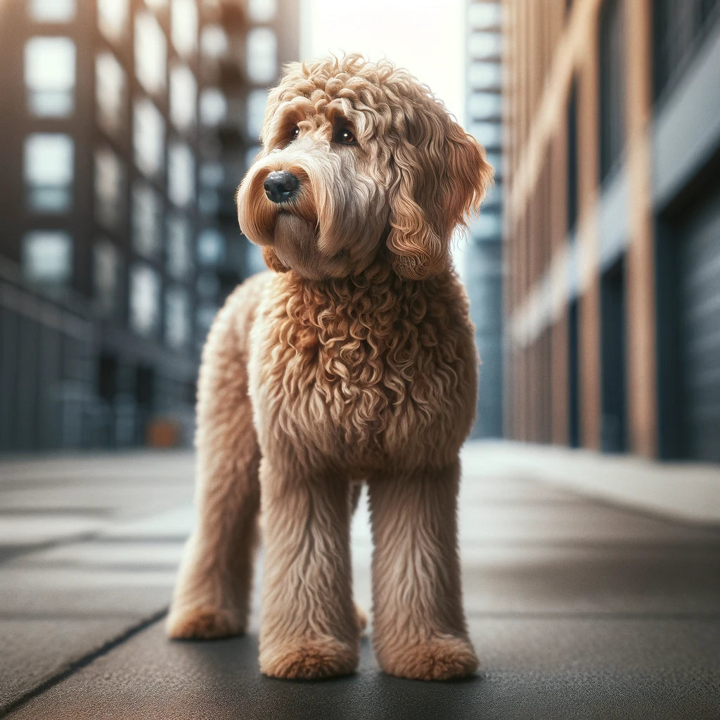 This_image_features_a_Labradoodle_standing_on_a_pavement_with_a_fluffy_light_brown_coat_looking_attentively_to_the_side