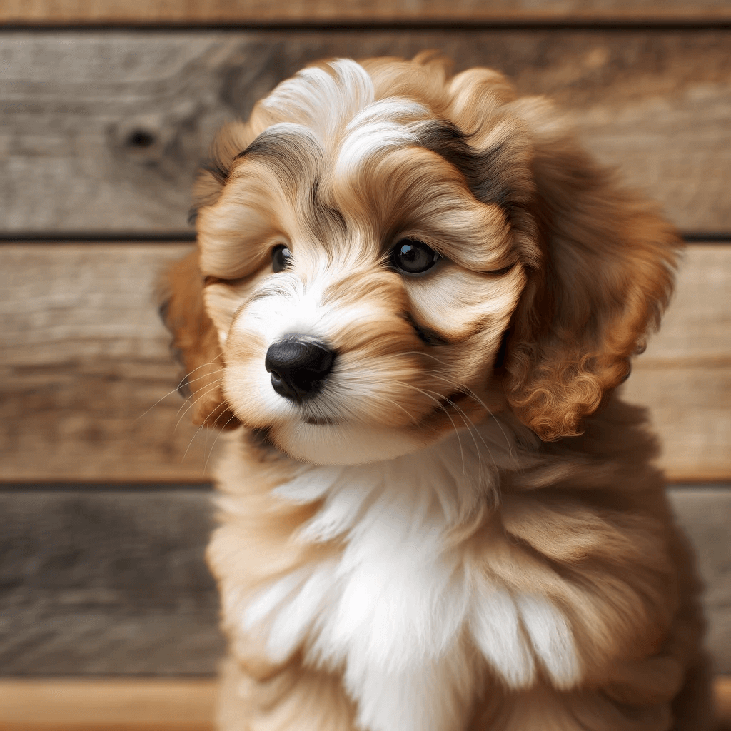 Toy_Aussiedoodle_puppy_with_a_thoughtful_expression_seated_on_a_wooden_surface