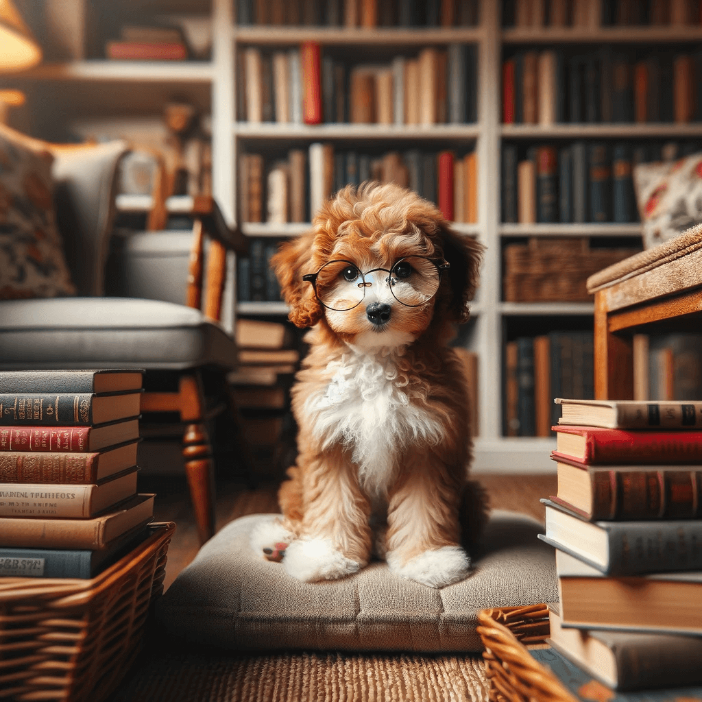 Toy_Aussiedoodle_sitting_in_a_cozy_home_library_surrounded_by_books_with_glasses_perched_on_its_nose