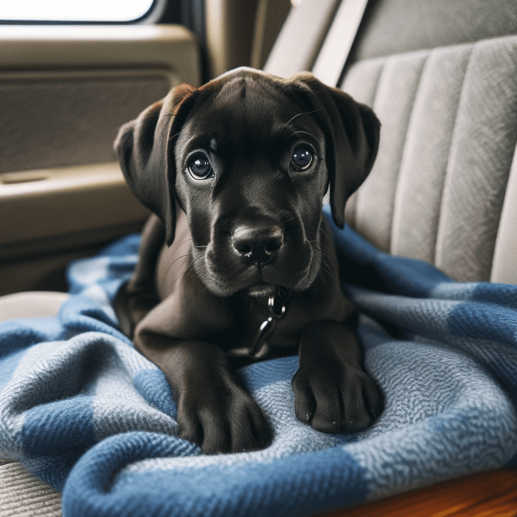 black_Boxer-Lab_mix_black_Boxador_puppy_seated_comfortably_on_a_blue_blanket_in_a_vehicle_its_inquisitive_eyes_focused_on_the_camera_indicating