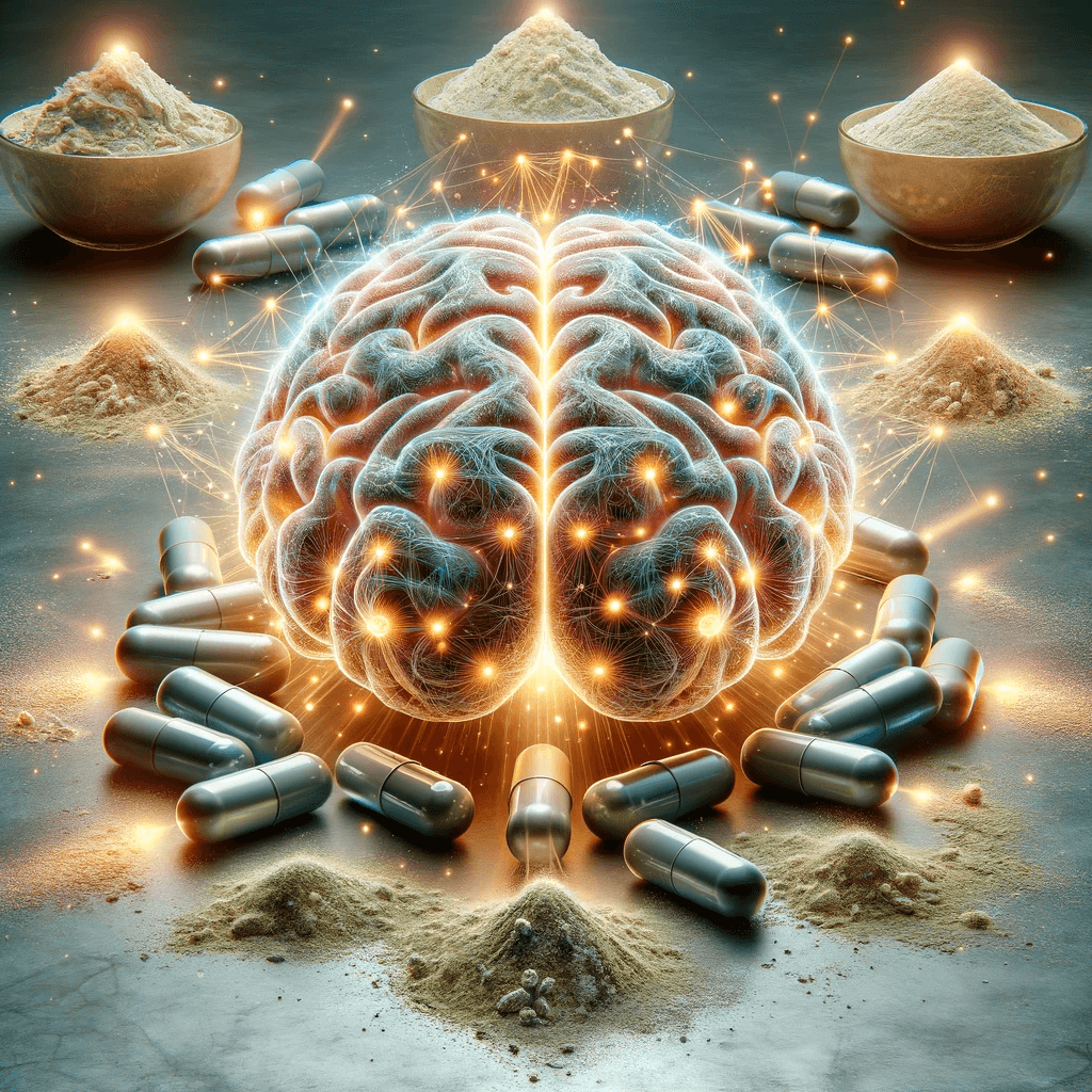 brain_with_glowing_connections_symbolizing_enhanced_cognitive_function_surrounded_by_capsules_and_powders_of_Alpha_GPC