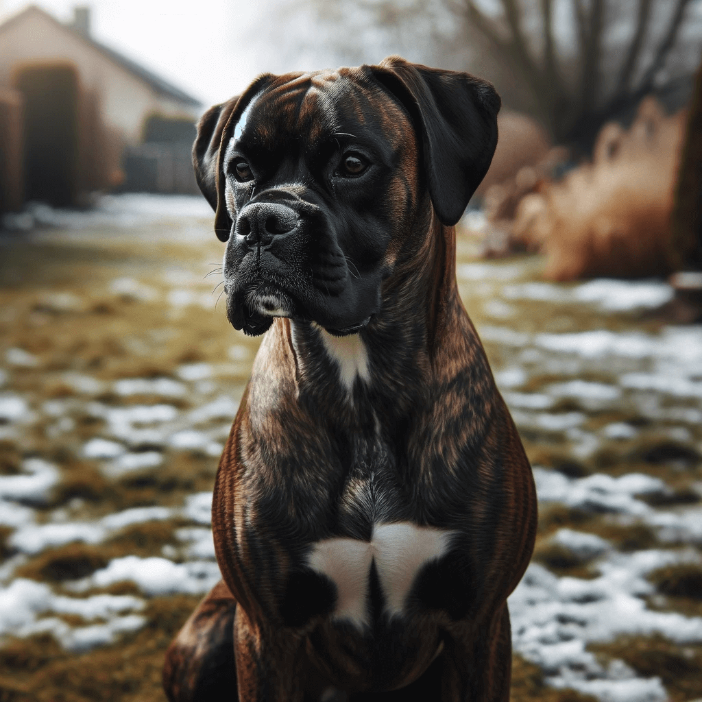 brindle_Boxador_a_mix_of_Boxer_and_Labrador_sitting_on_a_grass_area_lightly_dusted_with_snow_looking_to_the_side_with_an_attentive_expression._Th