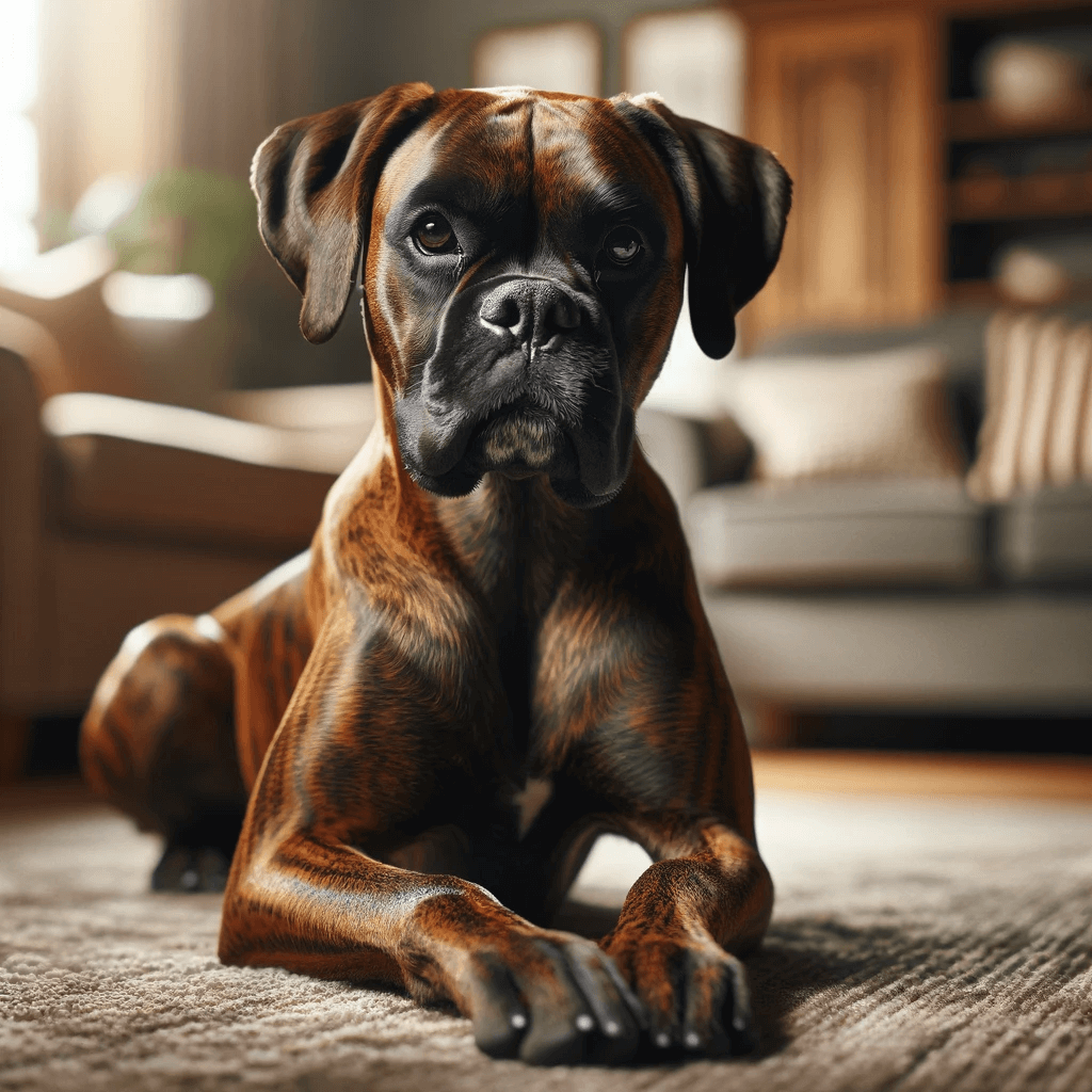 brindle_Boxador_lying_down_indoors_on_a_carpet_with_its_head_raised_looking_directly_at_the_camera_with_a_gentle_expression._The_dog_s_coat_shows