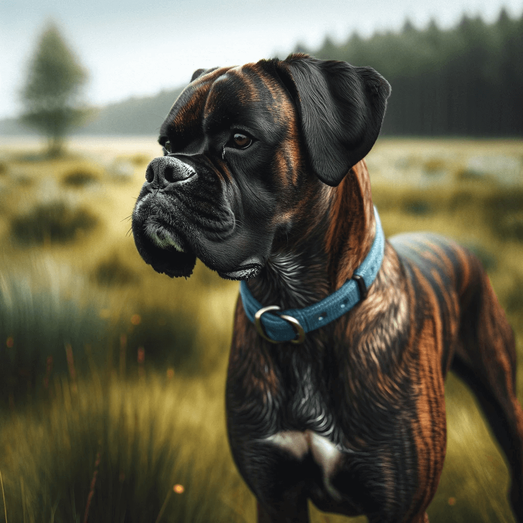 brindle_Boxador_stands_on_a_grassy_expanse_with_its_head_turned_to_one_side_wearing_a_blue_collar_and_appearing_vigilant._The_dog_s_brindle_coa