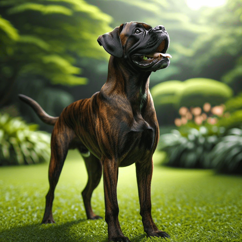 brindle_Boxer_Lab_mix_in_profile_standing_on_green_grass_looking_upward_with_its_mouth_open_possibly_panting_or_barking._The_dog_s_coat_is_a_ri