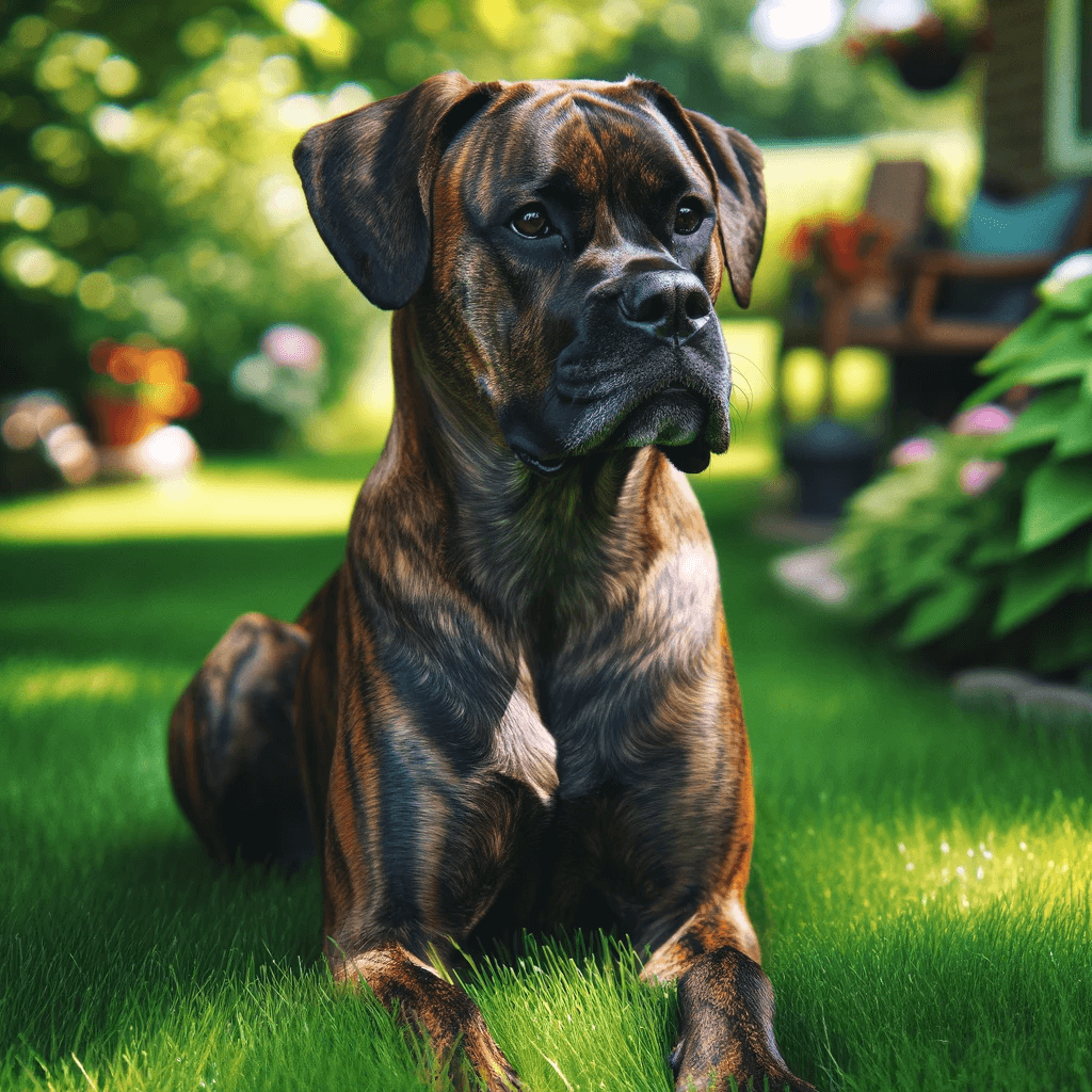 brindle_Boxer_Lab_mix_sitting_on_lush_green_grass_gazing_off_to_the_side_with_a_serene_and_observant_demeanor._The_dog_has_a_distinctive_brindle_pa