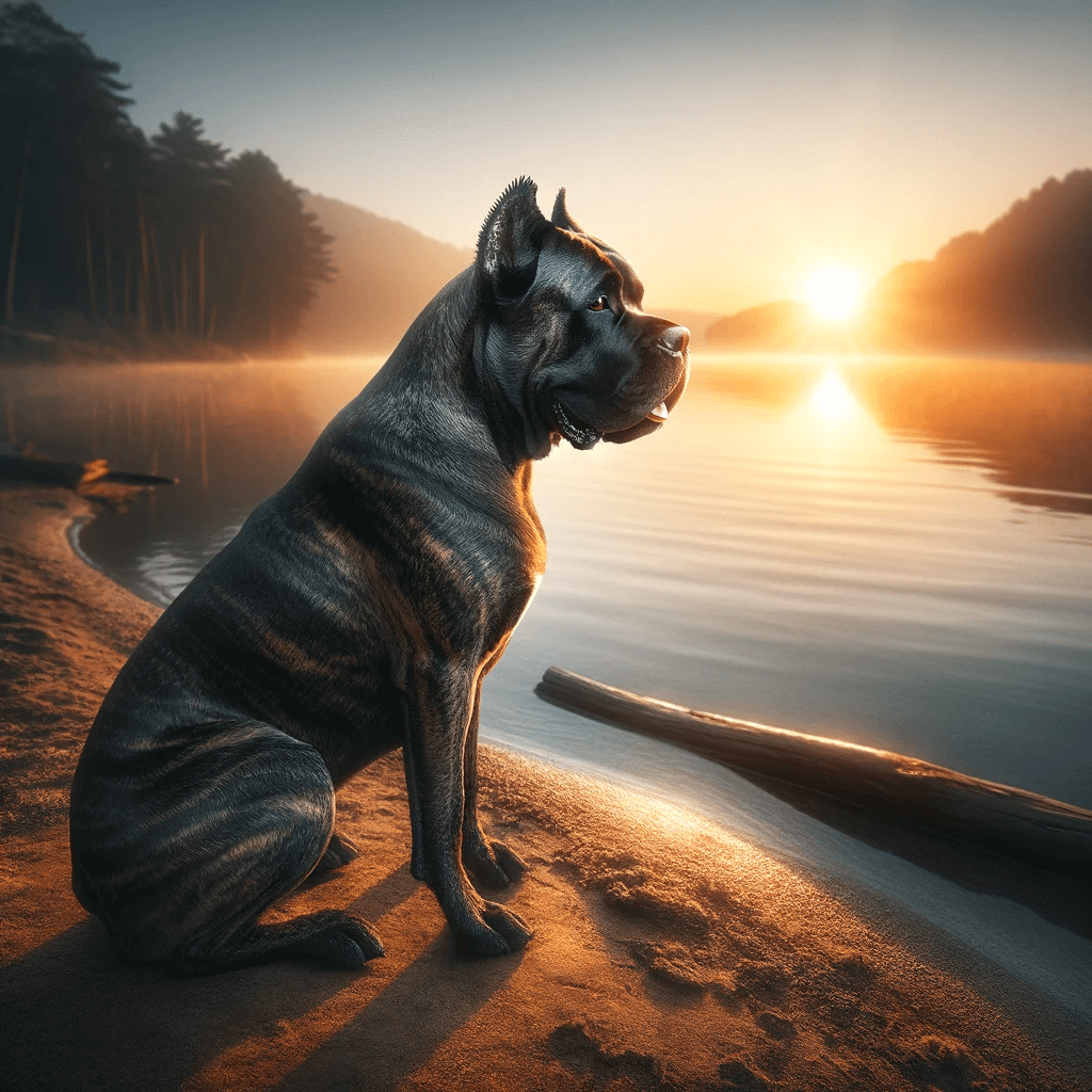 brindle_Cane_Corso_at_a_peaceful_lake_during_sunrise_with_the_early_morning_light_reflecting_on_the_water.