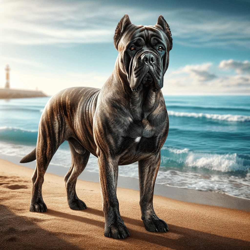 brindle_Cane_Corso_dog_at_a_seaside