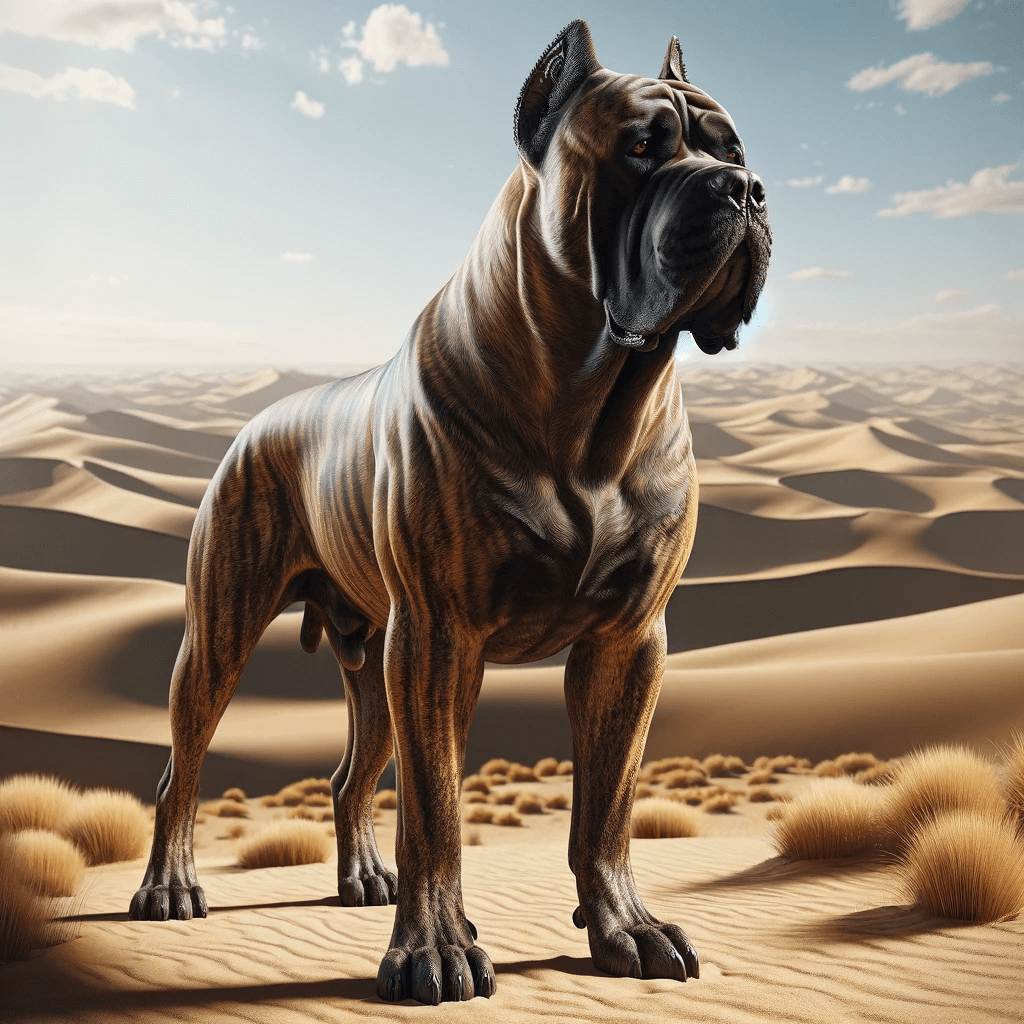 brindle_Cane_Corso_dog_in_a_desert_landscape