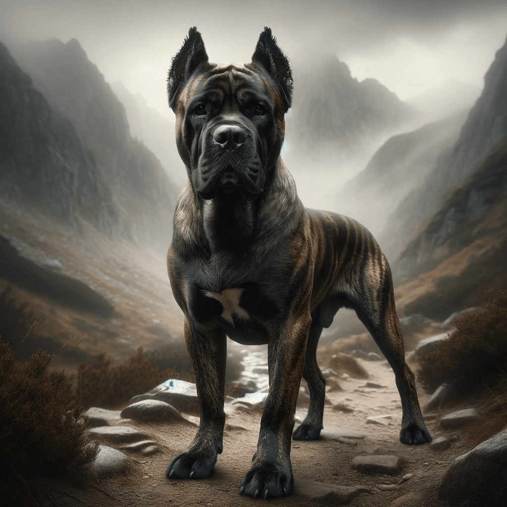 brindle_Cane_Corso_dog_on_a_misty_mountain_trail