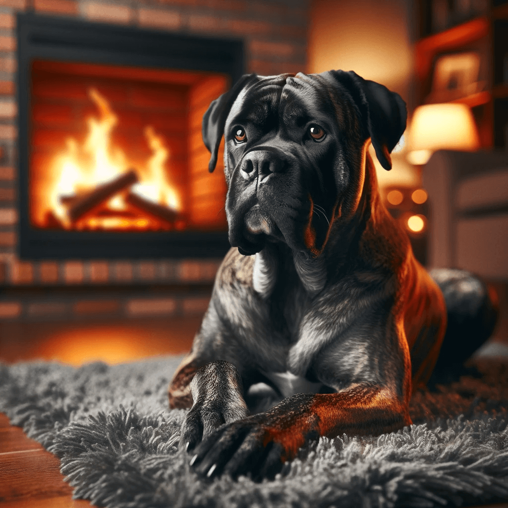 brindle_Cane_Corso_relaxing_in_a_cozy_home_setting_lying_on_a_plush_rug_near_a_fireplace