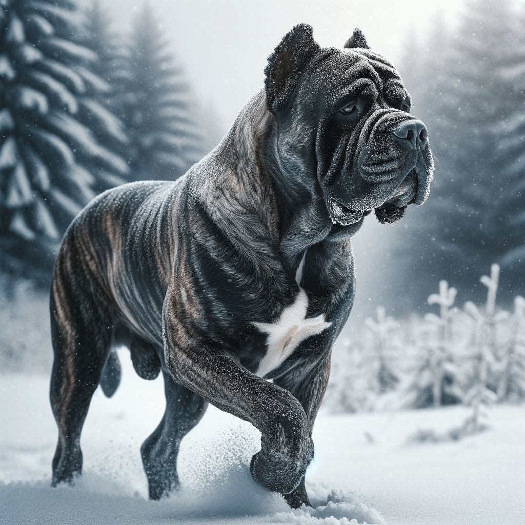 brindle_Cane_Corso_walking_through_a_snowy_landscape.