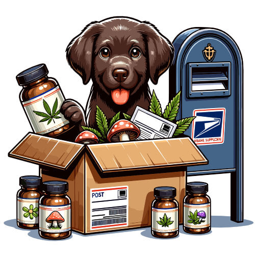 chocolate Lab puppy inside a post office, surrounded by postal elements. The puppy holds a package that contains various organic supplement